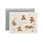 Card with teddy bear illustrations and a gray envelope on a white background.  Available at Be Charmed
