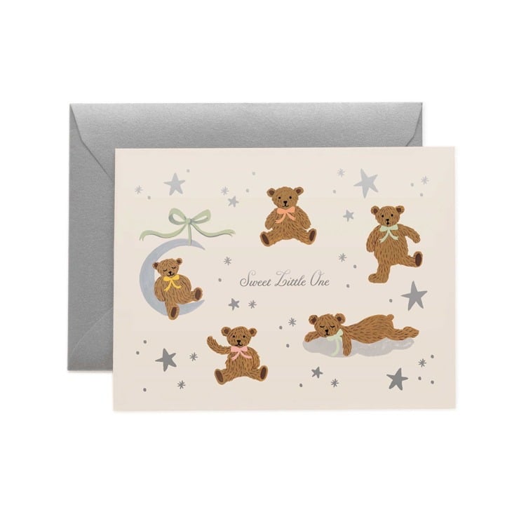Card with teddy bear illustrations and a gray envelope on a white background.  Available at Be Charmed
