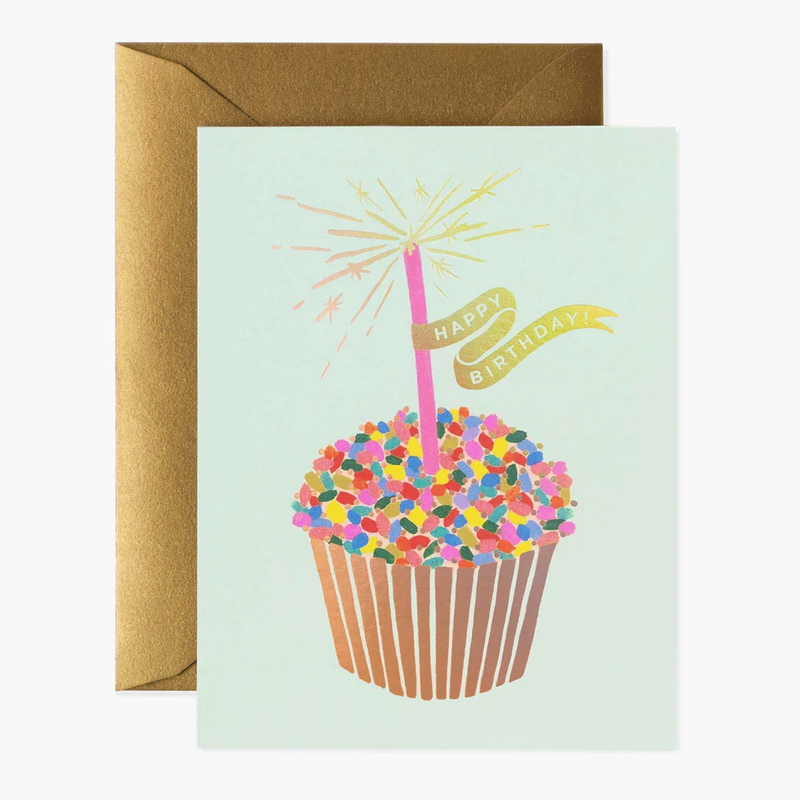 Illustrated cupcake birthday card with rainbow sprinkles and foil accents—Available at Be Charmed