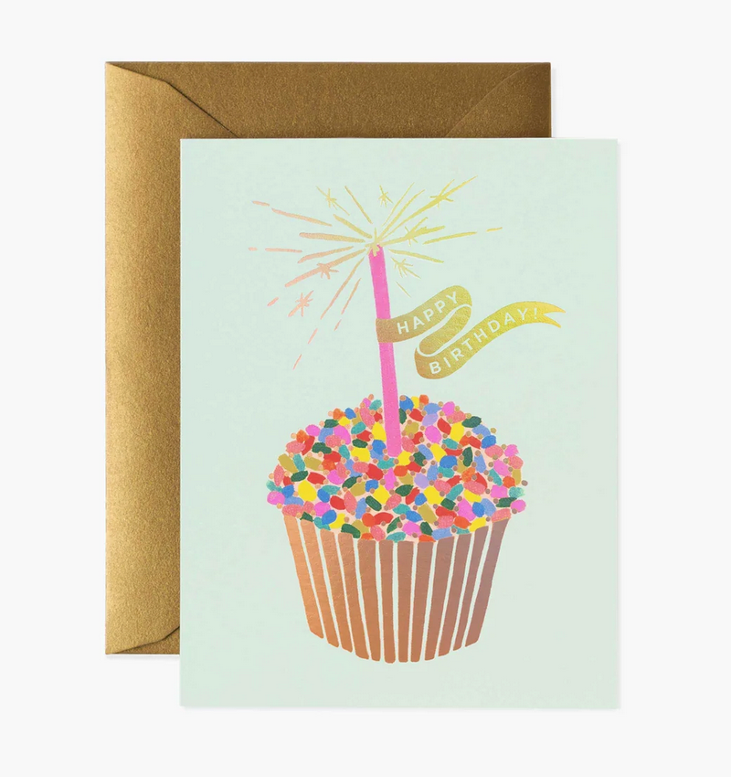 Illustrated cupcake birthday card with rainbow sprinkles and foil accents—Available at Be Charmed