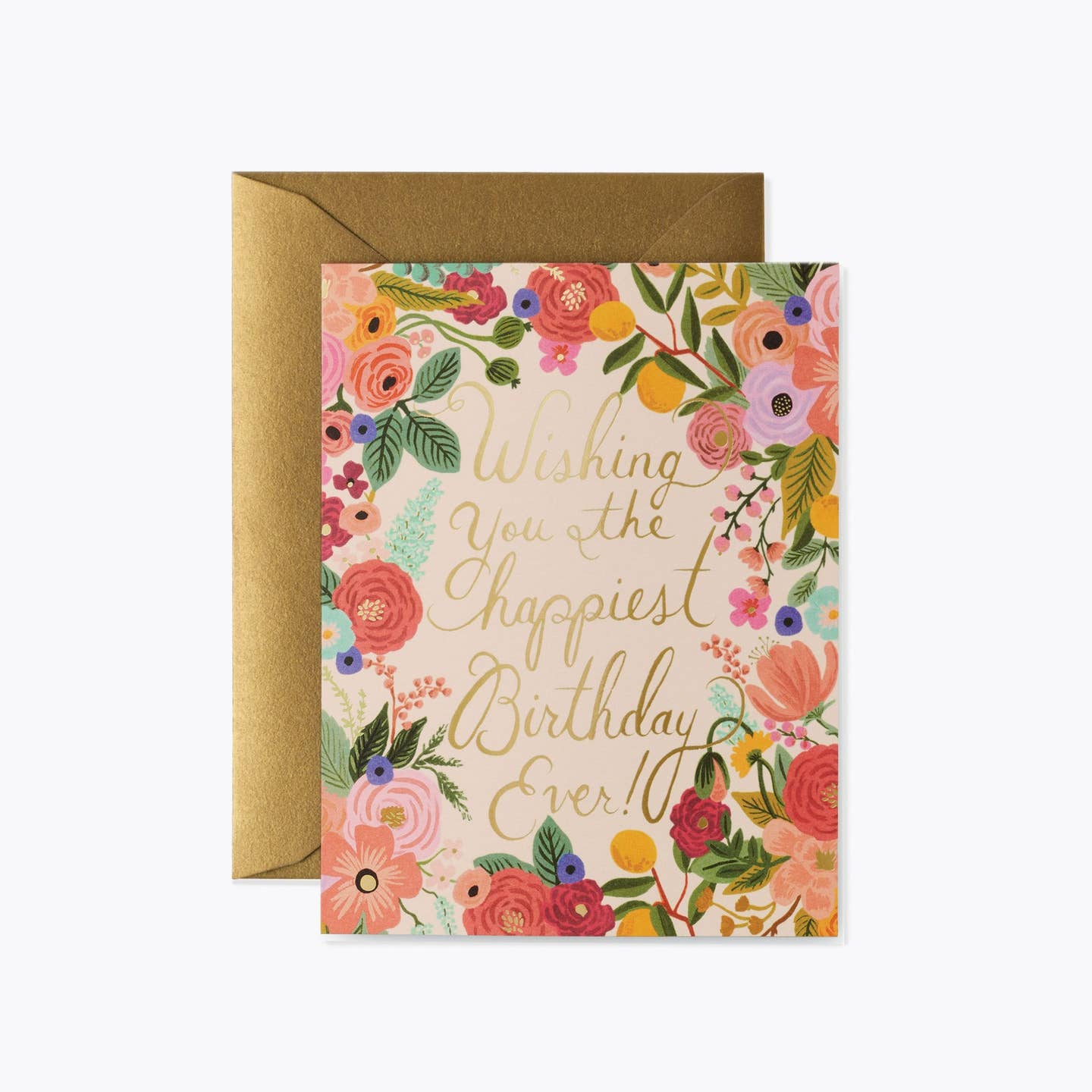 A colorful floral birthday card with the phrase 'Wishing you the happiest Birthday Ever!' written in gold, accompanied by a brown envelope. Available at Be Charmed