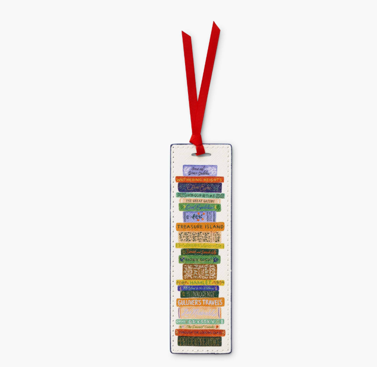 A premium textured saffiano faux leather Rifle Paper Co. Book Club bookmark with metallic gold foil accents, available at Be Charmed.