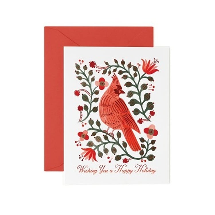 Card with red cardinal bird design and red envelope on white background. Available at Be Charmed