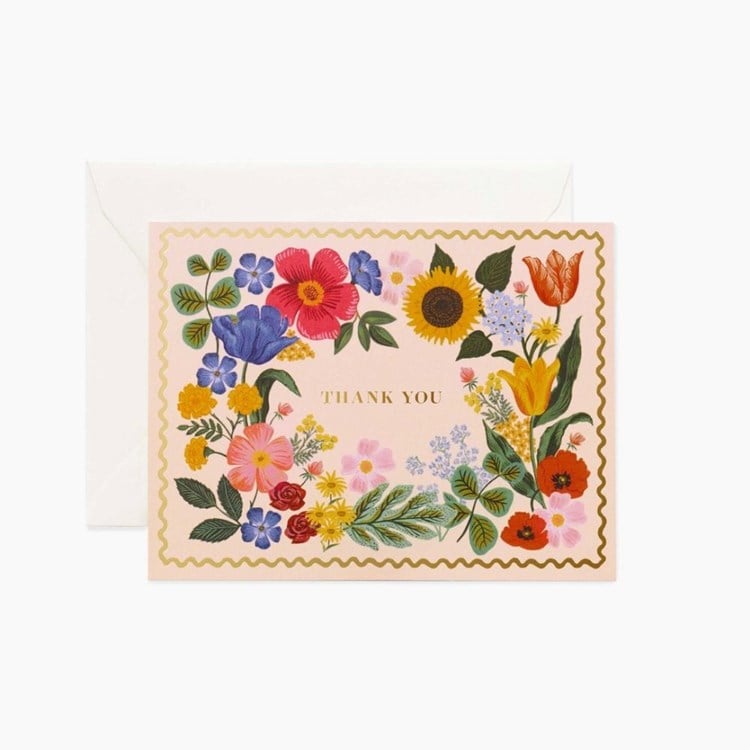 Greeting card with colorful floral design and 'Thank You' text on a white background