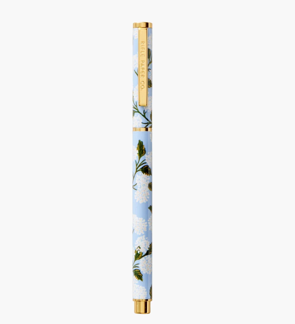 A Rifle Paper Co. Hydrangea rollerball pen with delicate floral print, available at Be Charmed.
