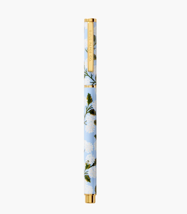 A Rifle Paper Co. Hydrangea rollerball pen with delicate floral print, available at Be Charmed.