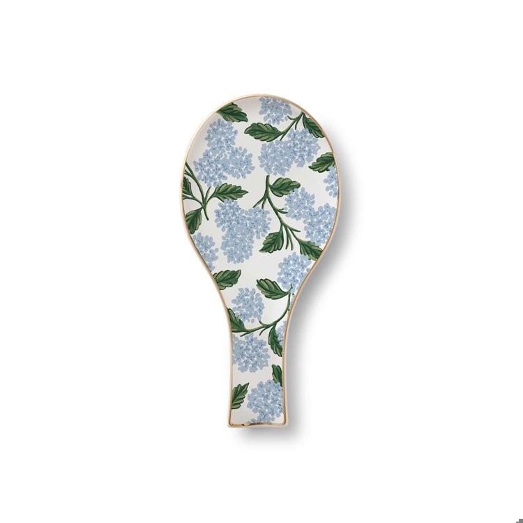 Porcelain spoon rest with hydrangea blooms and gold trim—Available at Be Charmed