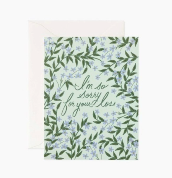 Card with floral design and 'I'm so sorry for your loss' text on a light green background. Avaiable at Be Charmed