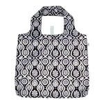 Black and white patterned reusable shopping bag on a white background. Available at Be Charmed