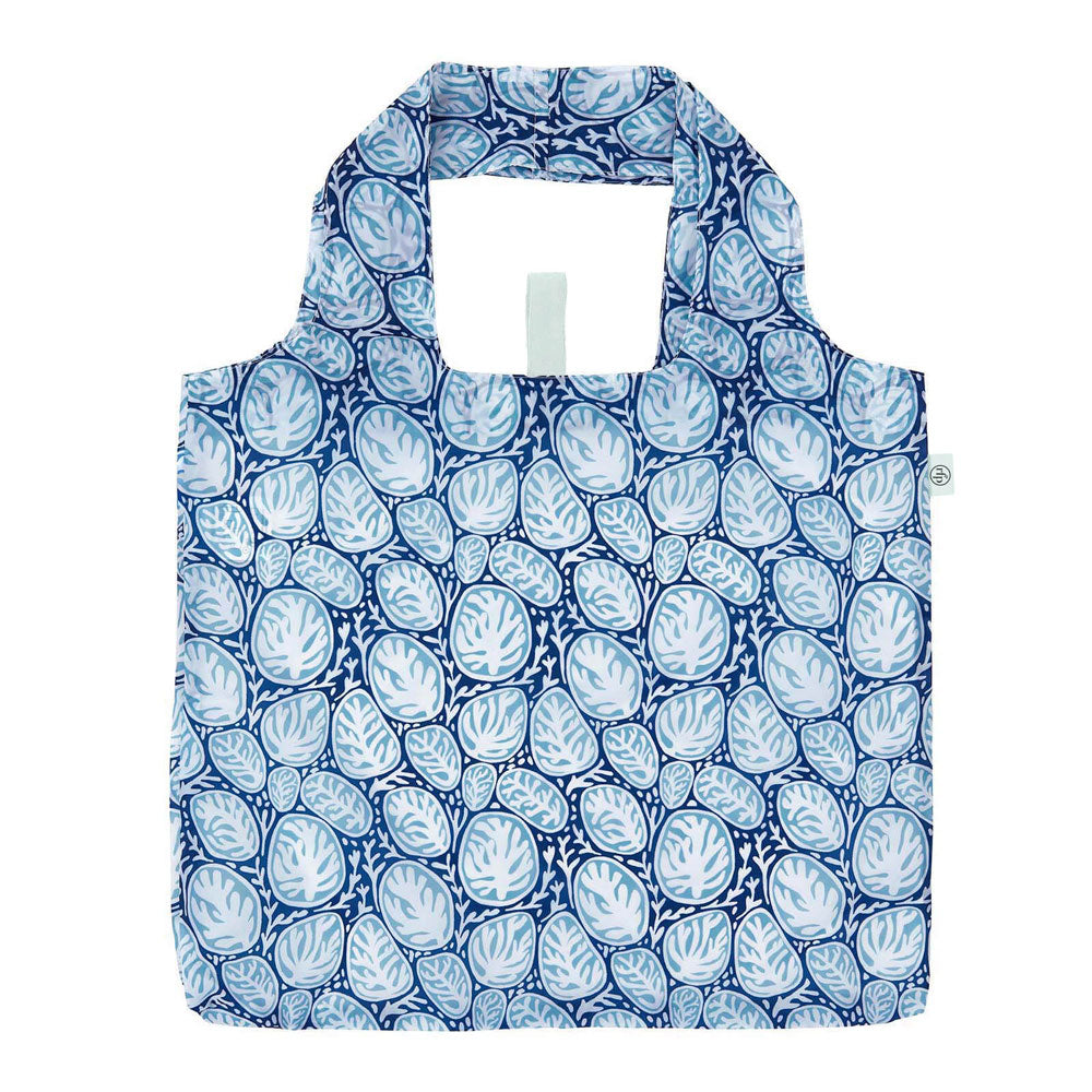 Foldable shopping bag with blue leaf pattern on a white background. Available at Be Charmed