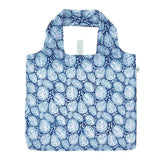 Foldable shopping bag with blue leaf pattern on a white background. Available at Be Charmed
