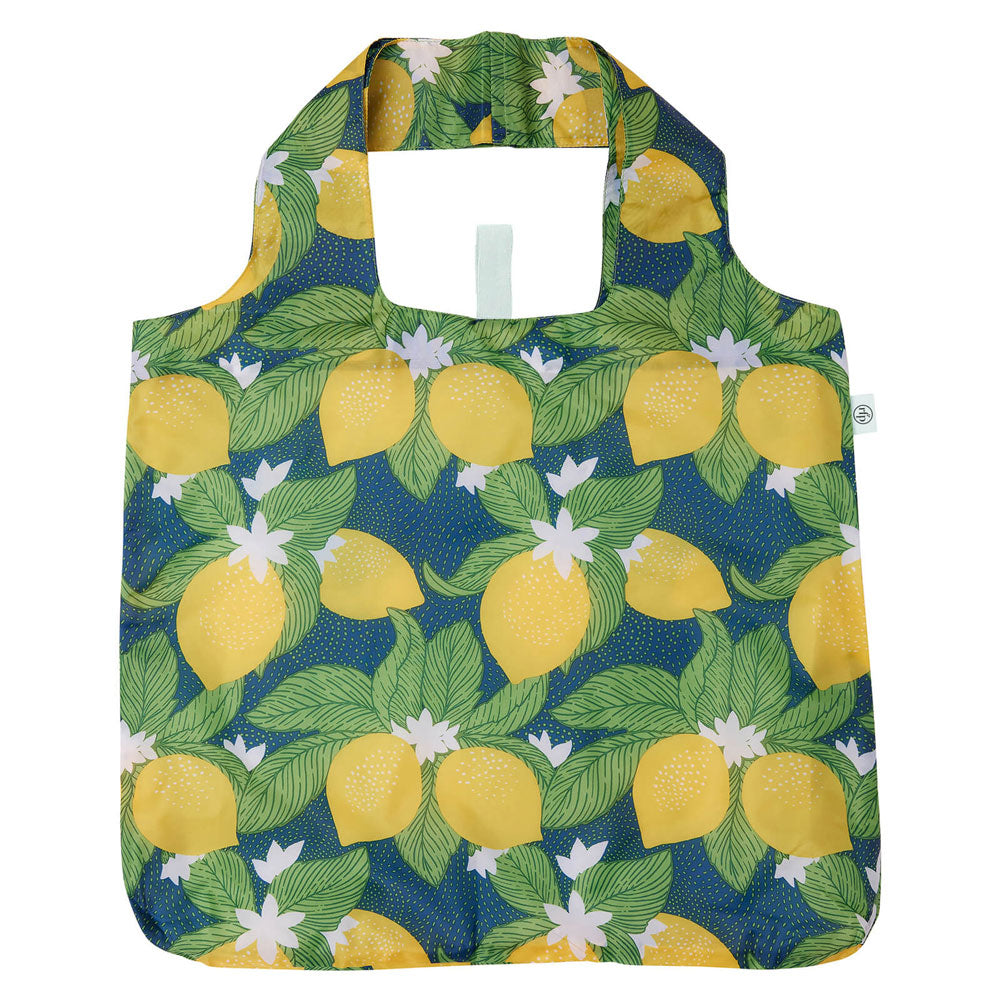Reusable shopping bag with lemon pattern on a white background. Available at Be Charmed