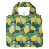 Reusable shopping bag with lemon pattern on a white background. Available at Be Charmed