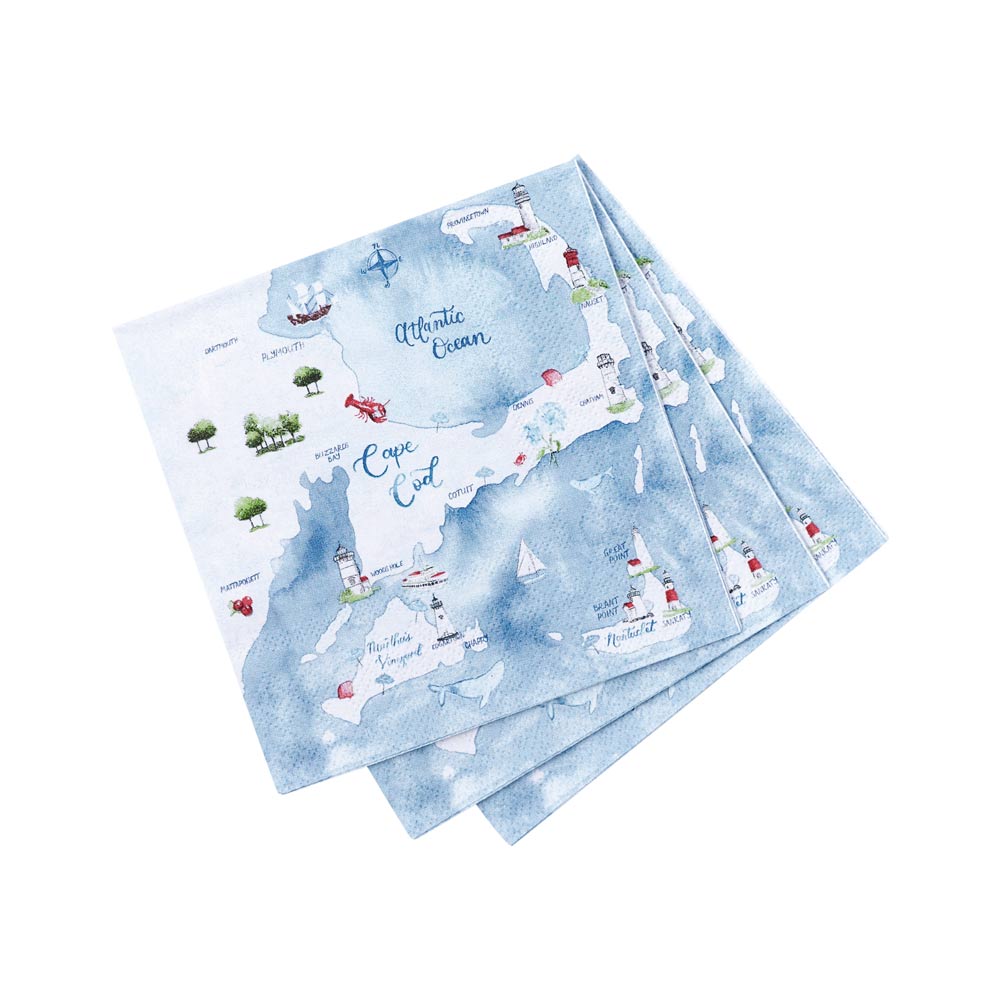 Blue-themed napkins with a map design of Cape Cod on a white background. Available at Be Charmed
