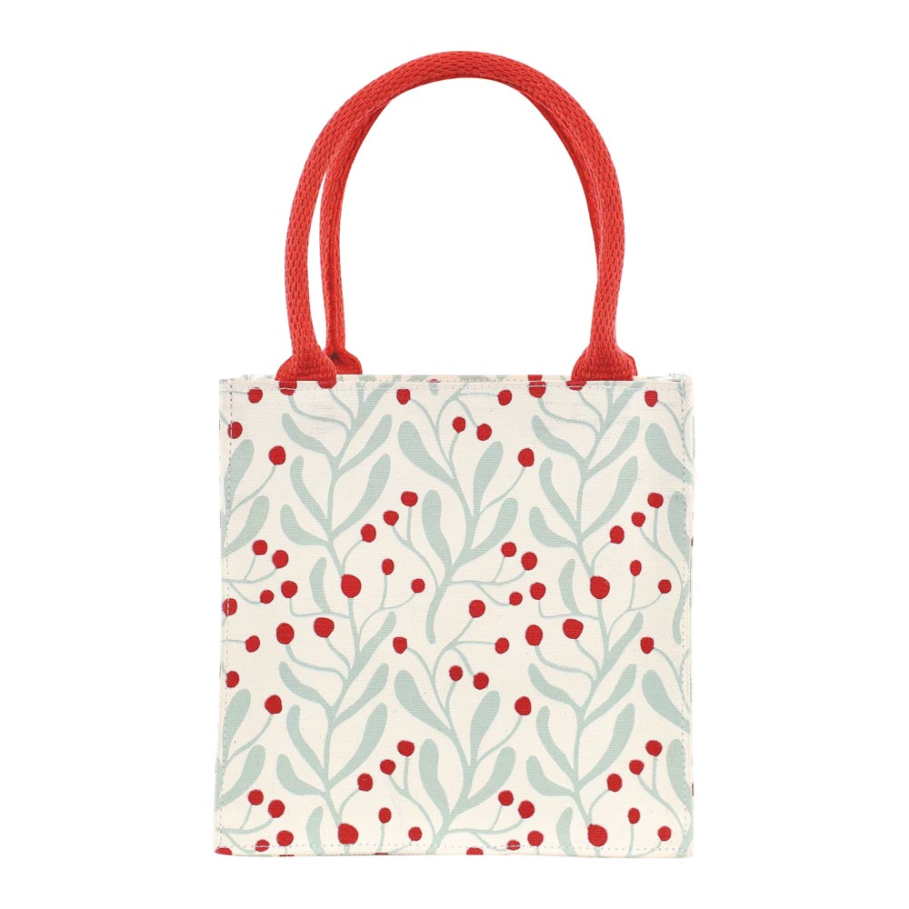 Small Rock Flower Parper Scarlett Mistletoe tote bag with red handle and leaf pattern on a white background. Available at Be Charmed