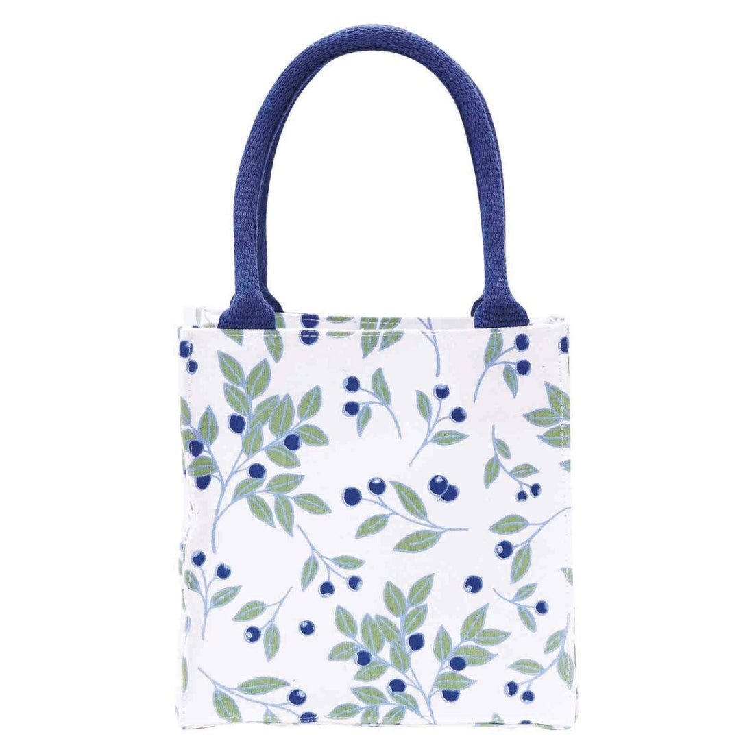 A white fabric tote bag with a blue and green berry leaf pattern and dark blue handles, shown against a plain white background. Available at Be Charmed
