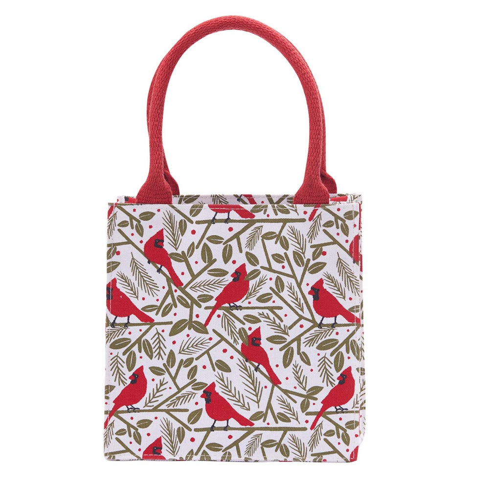 Rock Flower Paper Small tote bag with red cardinal bird pattern on a white background. Available at Be Charmed