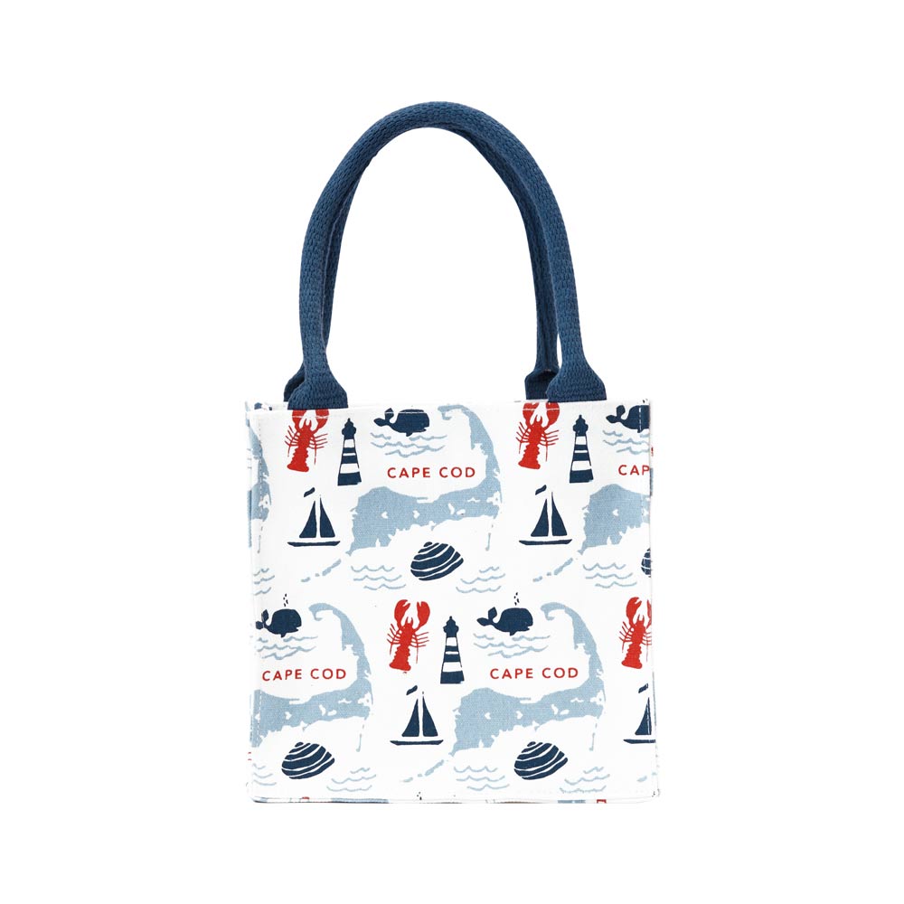 Small bag with nautical pattern featuring boats, lobsters, and 'Cape Cod' text on a white background. Available at Be Charmed