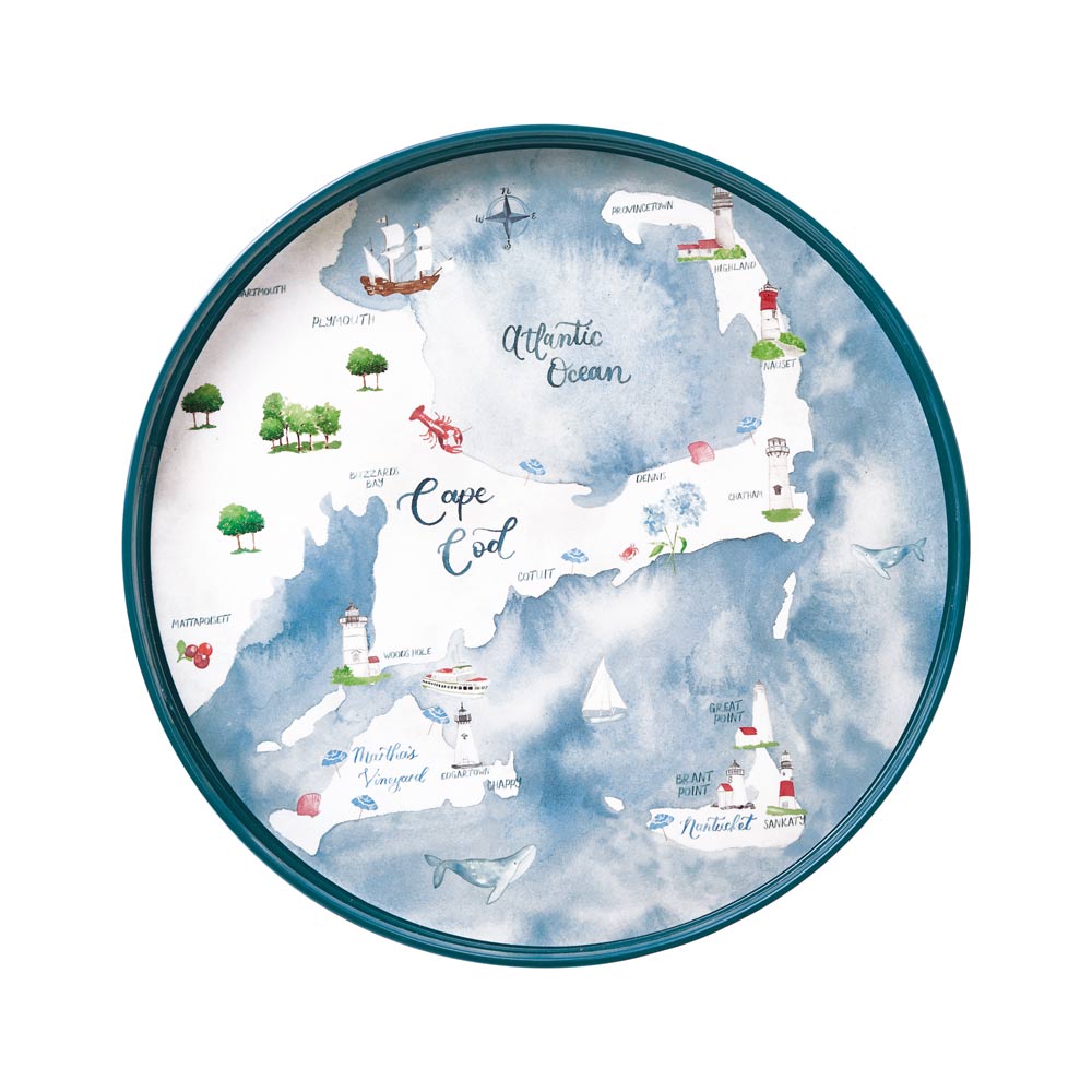 Map of Cape Cod with various landmarks and natural elements on a circular tray. Available at Be Charmed