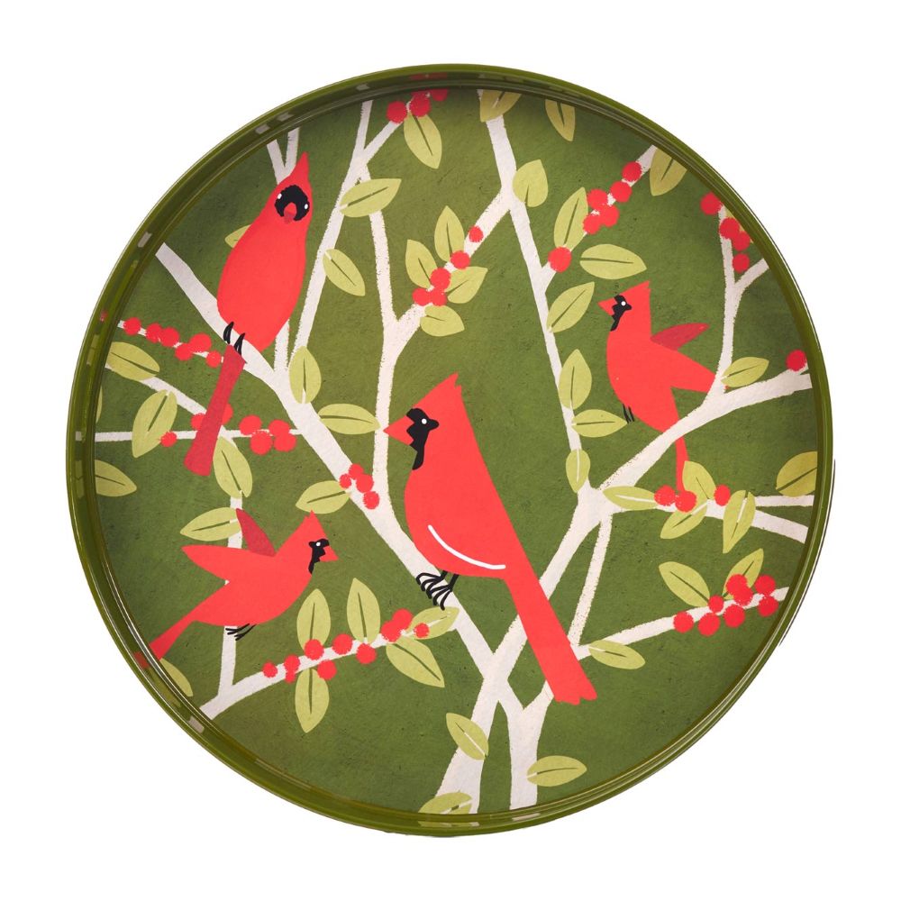 Round tray with red cardinal birds and branches design on a green background. Available at Be Charmed