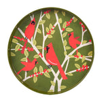 Round tray with red cardinal birds and branches design on a green background. Available at Be Charmed