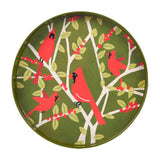Round tray with red cardinal birds and branches design on a green background. Available at Be Charmed