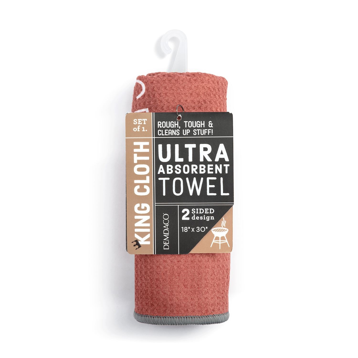 Red ultra-absorbent towel with packaging on a white background. Available at Be Charmed