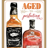 Rosanne Beck Aged to Perfection birthday card featuring whiskey bottle illustrations—perfect for stylish celebrations, available now at Be Charmed.