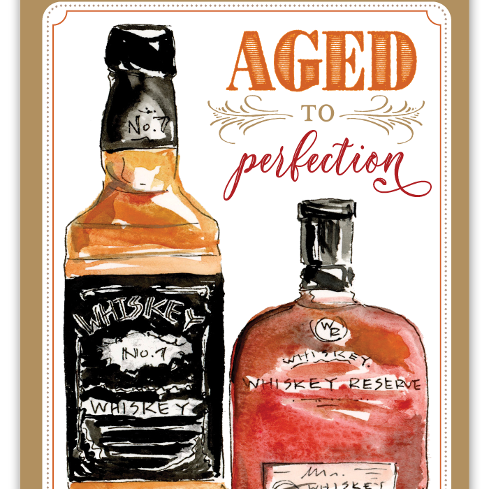 Rosanne Beck Aged to Perfection birthday card featuring whiskey bottle illustrations—perfect for stylish celebrations, available now at Be Charmed.