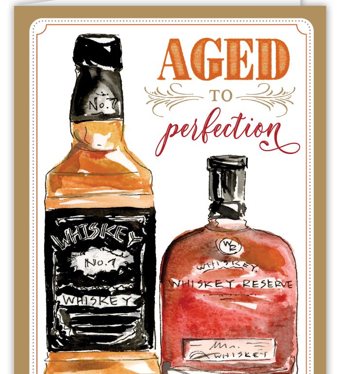 Rosanne Beck Aged to Perfection birthday card featuring whiskey bottle illustrations—perfect for stylish celebrations, available now at Be Charmed.