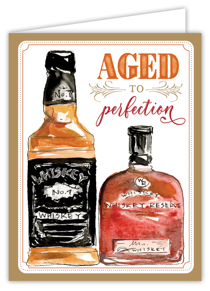 Rosanne Beck Aged to Perfection birthday card featuring whiskey bottle illustrations—perfect for stylish celebrations, available now at Be Charmed.