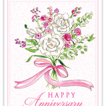 Rosanne Beck Happy Anniversary card with handpainted pink floral bouquet — romantic and elegant greeting. Available at Be Charmed