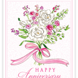 Rosanne Beck Happy Anniversary card with handpainted pink floral bouquet — romantic and elegant greeting. Available at Be Charmed