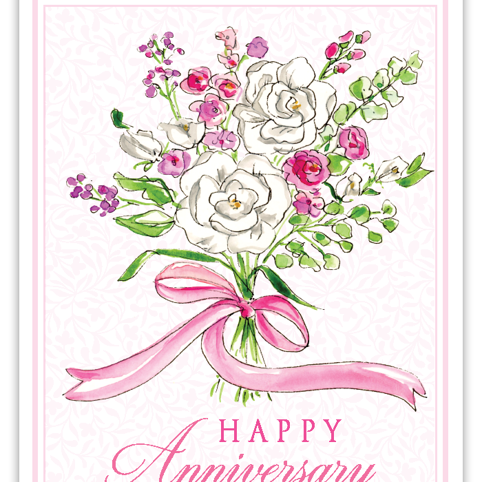 Rosanne Beck Happy Anniversary card with handpainted pink floral bouquet — romantic and elegant greeting. Available at Be Charmed