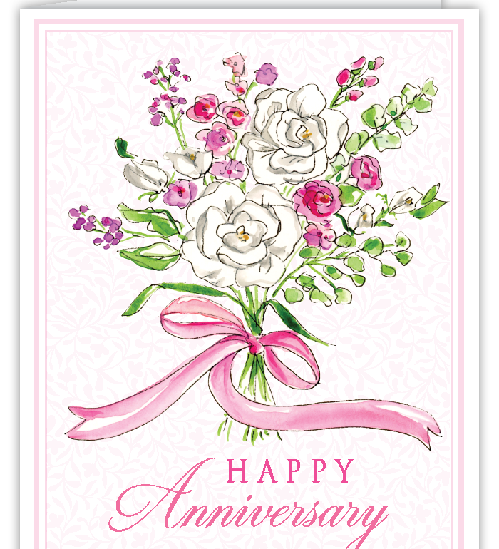 Rosanne Beck Happy Anniversary card with handpainted pink floral bouquet — romantic and elegant greeting. Available at Be Charmed