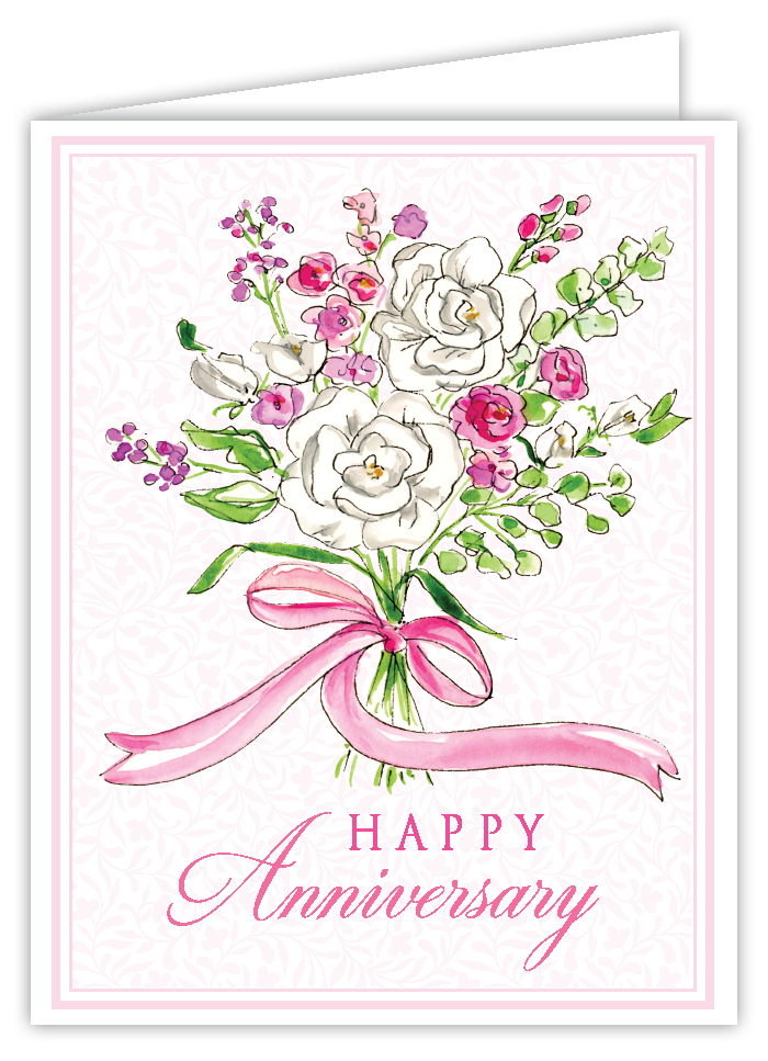 Rosanne Beck Happy Anniversary card with handpainted pink floral bouquet — romantic and elegant greeting. Available at Be Charmed