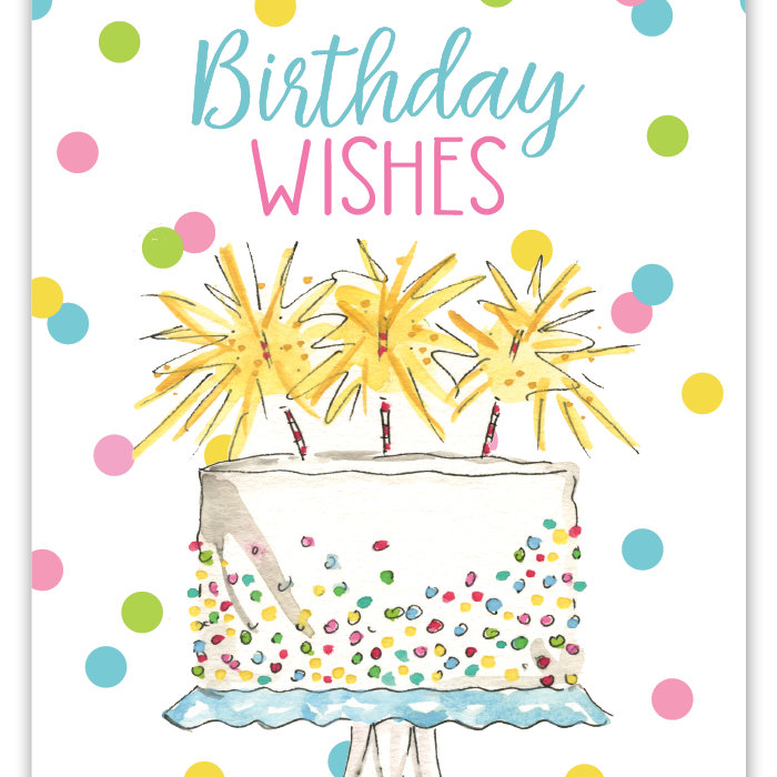 Rosanne Beck Birthday Wishes White Cake card — elegant handpainted birthday greeting with tiered cake. Available at Be Charmed