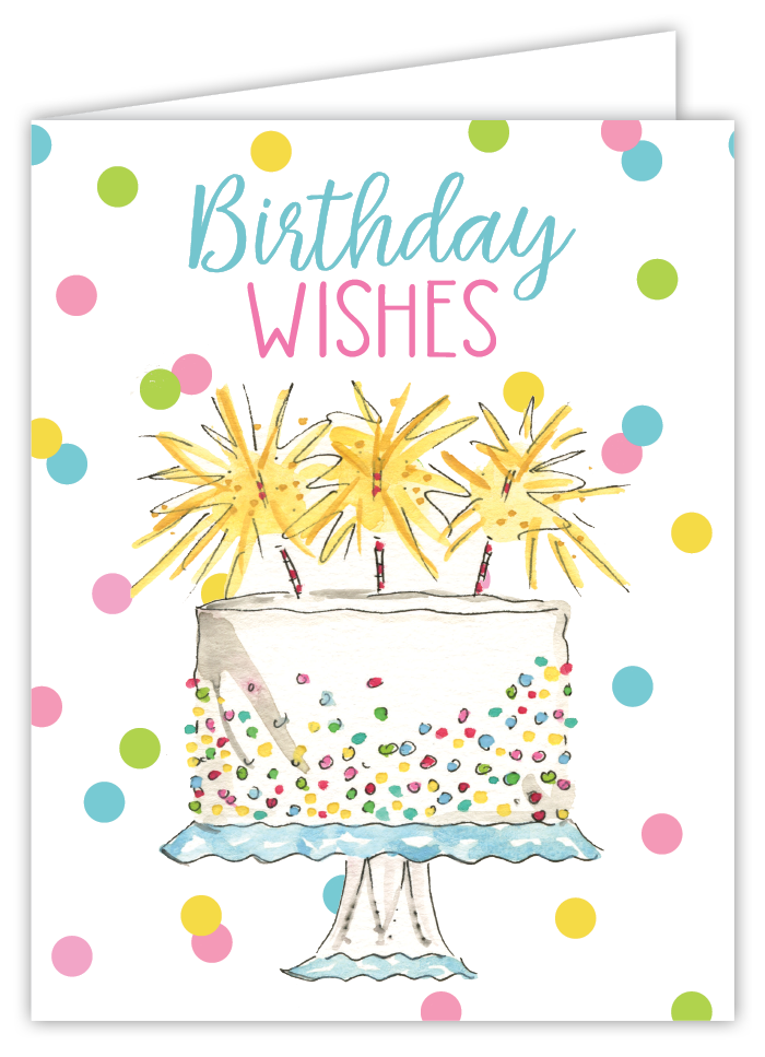 Rosanne Beck Birthday Wishes White Cake card — elegant handpainted birthday greeting with tiered cake. Available at Be Charmed