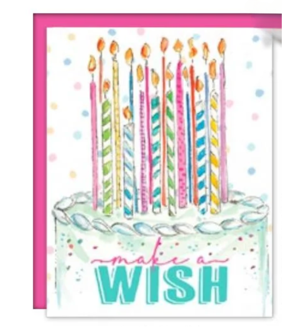 Rosanne Beck Make A Wish birthday card with handpainted multi-colored candles — vibrant and cheerful. Available at Be Charmed