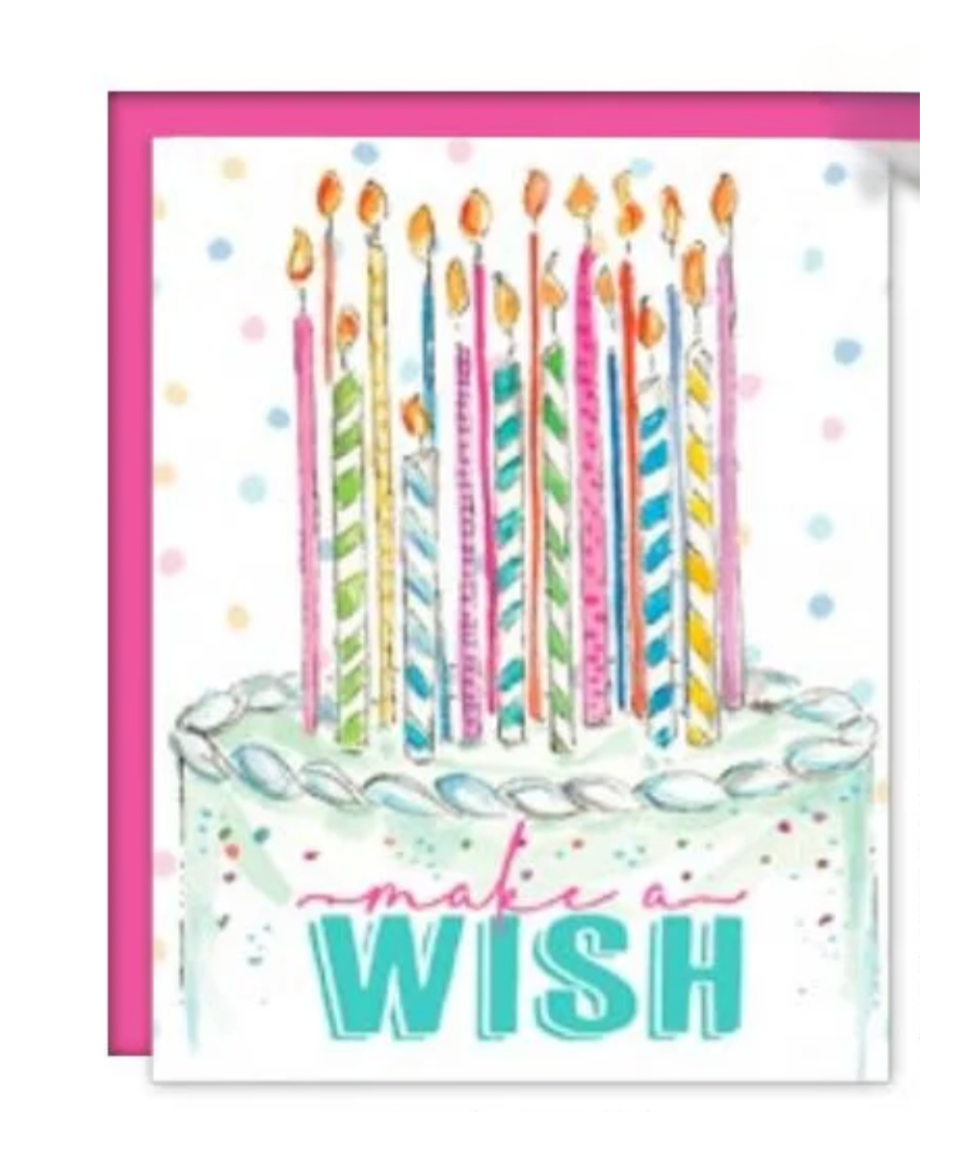 Rosanne Beck Make A Wish birthday card with handpainted multi-colored candles — vibrant and cheerful. Available at Be Charmed