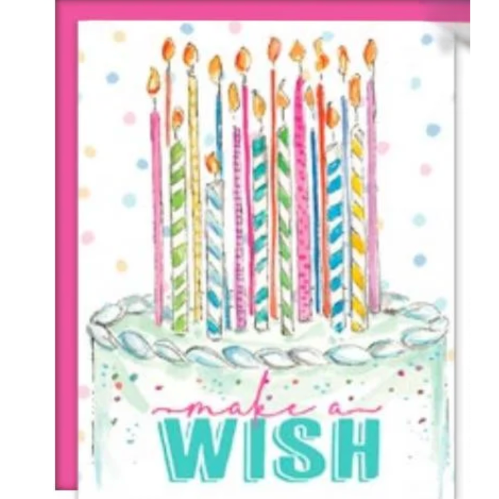 Rosanne Beck Make A Wish birthday card with handpainted multi-colored candles — vibrant and cheerful. Available at Be Charmed
