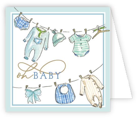 Rosanne Beck blue baby clothesline enclosure card available at Be Charmed