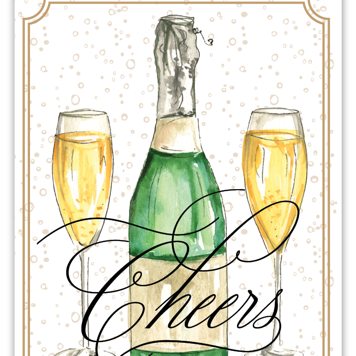 Elegant Rosanne Beck congratulations card featuring champagne bottle and glasses design—ideal for celebrating milestones, available at Be Charmed.