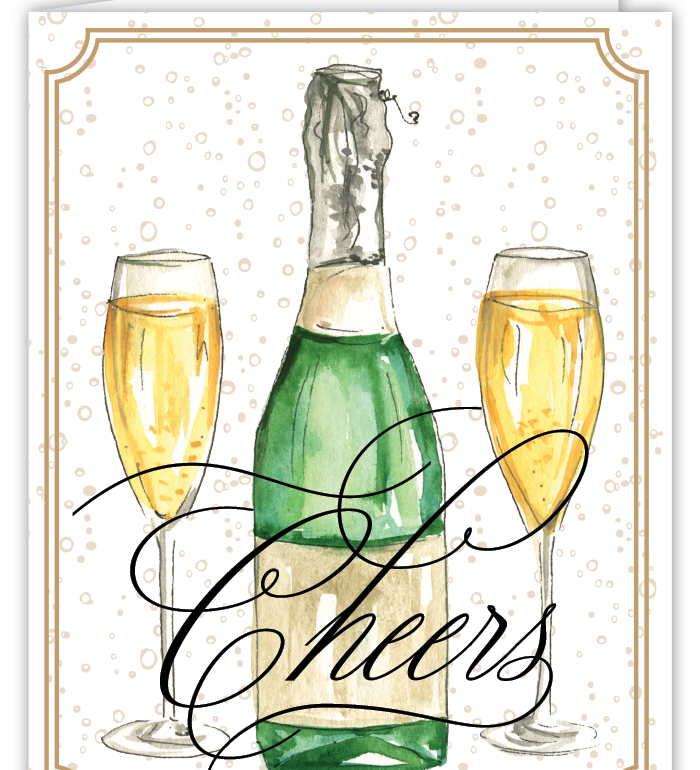 Elegant Rosanne Beck congratulations card featuring champagne bottle and glasses design—ideal for celebrating milestones, available at Be Charmed.