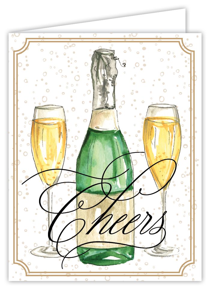 Elegant Rosanne Beck congratulations card featuring champagne bottle and glasses design—ideal for celebrating milestones, available at Be Charmed.