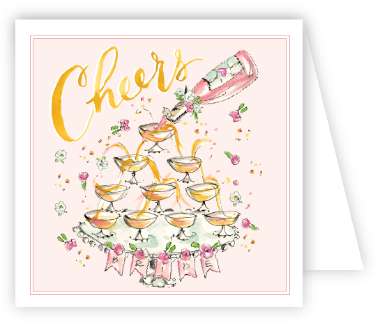 Rosanne Beck Cheers Champagne Tower enclosure card — watercolor celebration design with champagne glasses. Available at Be Charmed