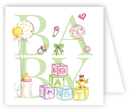 Rosanne Beck Green Baby Icons enclosure card — handpainted baby-themed design, perfect for new arrivals. Available at Be Charmed