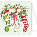 Rosanne Beck Red and Green Stocking enclosure card — handpainted holiday gift accent with festive stocking. Available at Be Charmed