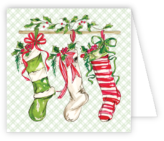 Rosanne Beck Red and Green Stocking enclosure card — handpainted holiday gift accent with festive stocking. Available at Be Charmed