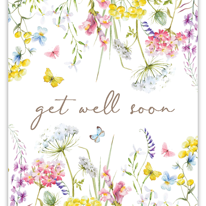 Rosanne Beck Get Well Soon card with handpainted wildflower — soft floral design to uplift and encourage. Available at Be Charmed